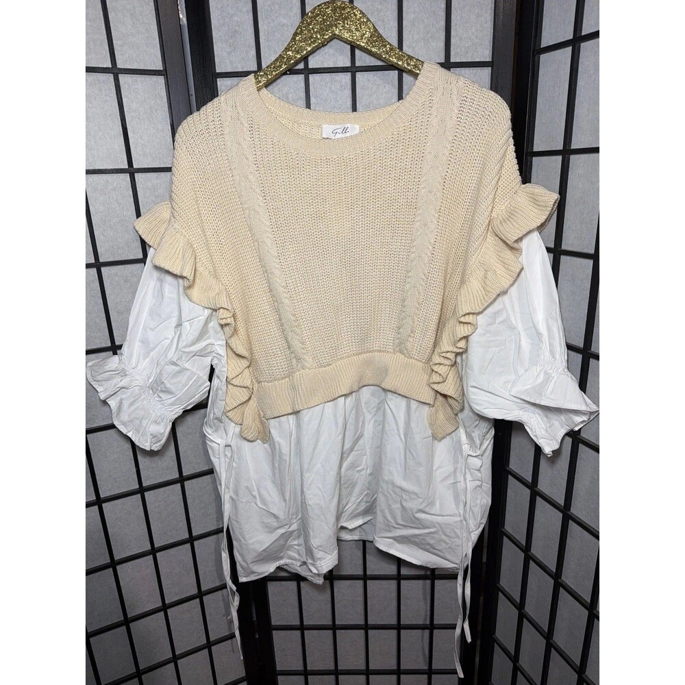 Versona Gilli Ivory & White Ruffle Layered Top Size XXL 2X Long Sleeve Blouse